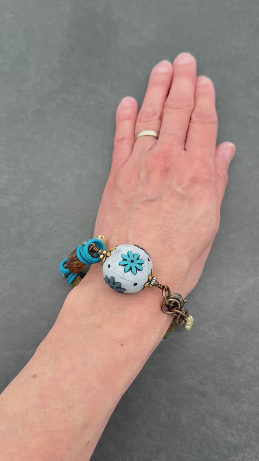 Handmade Beaded Bracelet - Denim Daisy, Artisan Polymer Clay and Czech Glass