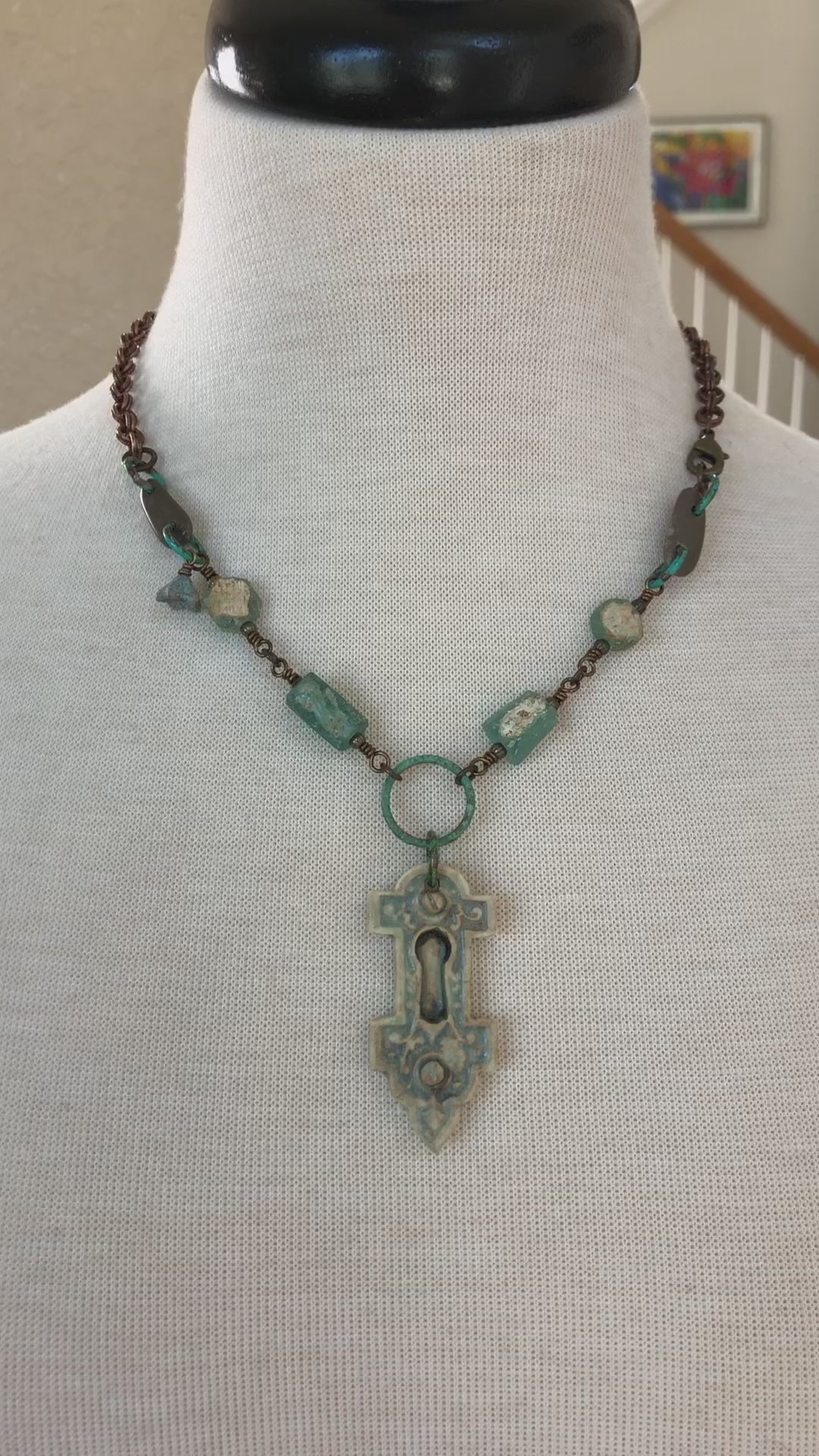 Roman Glass Verdigris Handmade Necklace with Artisan Porcelain Focal, Beach Stones, Roman Glass