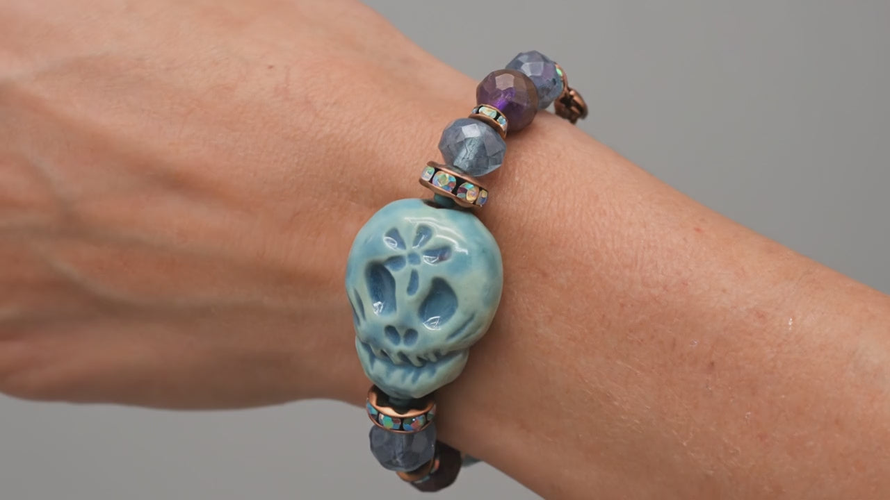 Blue Skully Dia de los Muertos Bracelet - Artisan Ceramic Sugar Skull