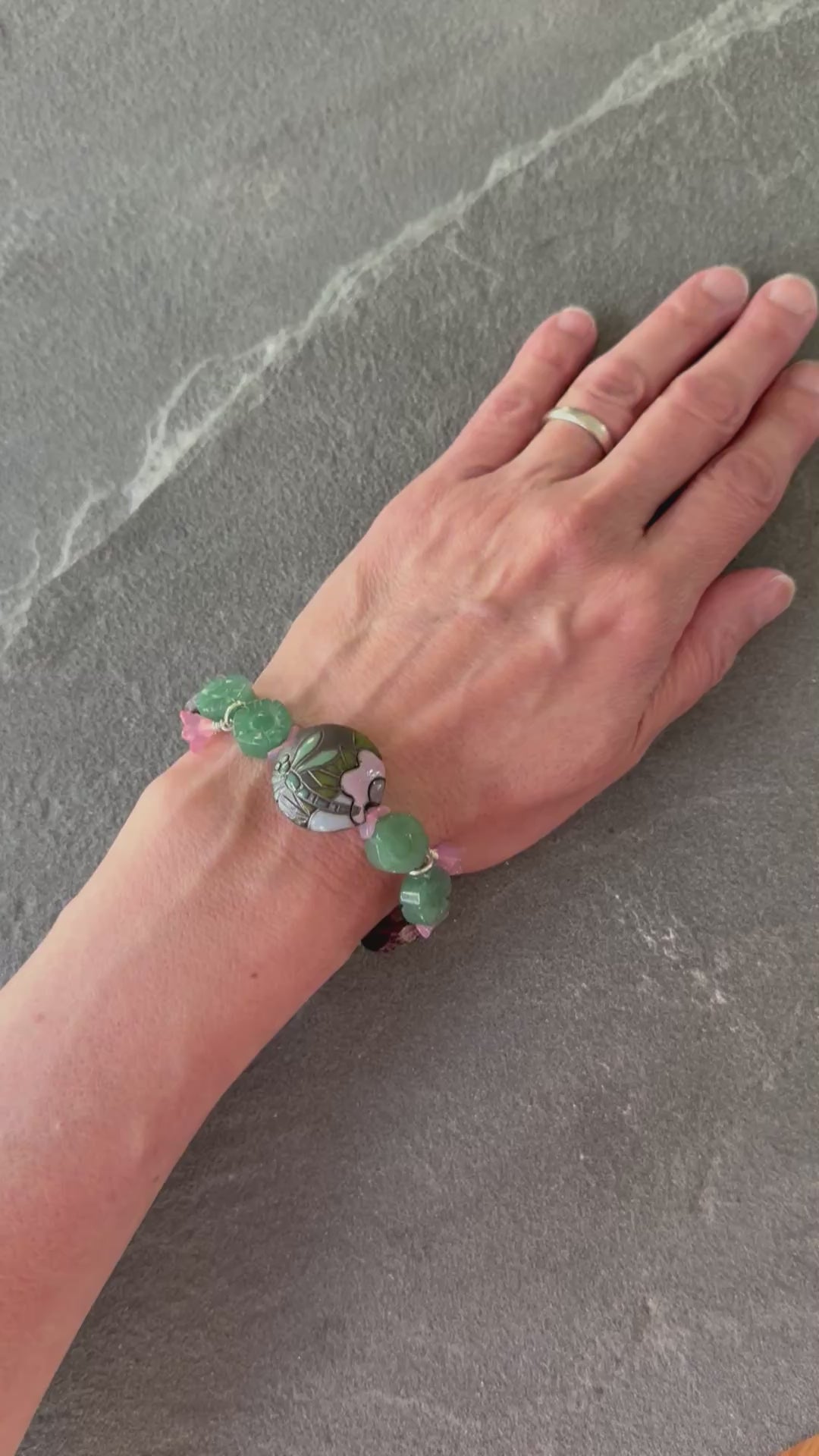 Dragonfly Pond Handmade Beaded Bracelet with Artisan Ceramic Focal, Green Aventurine, Wood, Czech Glass and Stainless Steel