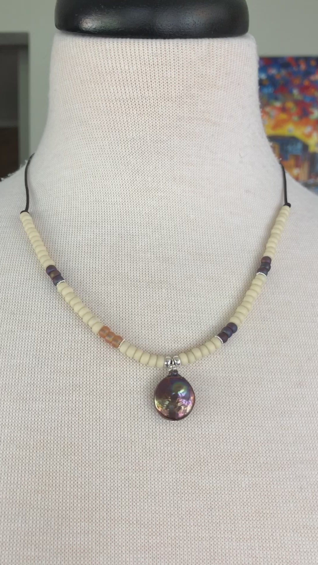 Perlita Azul Handmade Statement Necklace with Fresh Water Coin Pearl, Glass Seed Beads, Sterling Silver and Chocolate Leather Cord