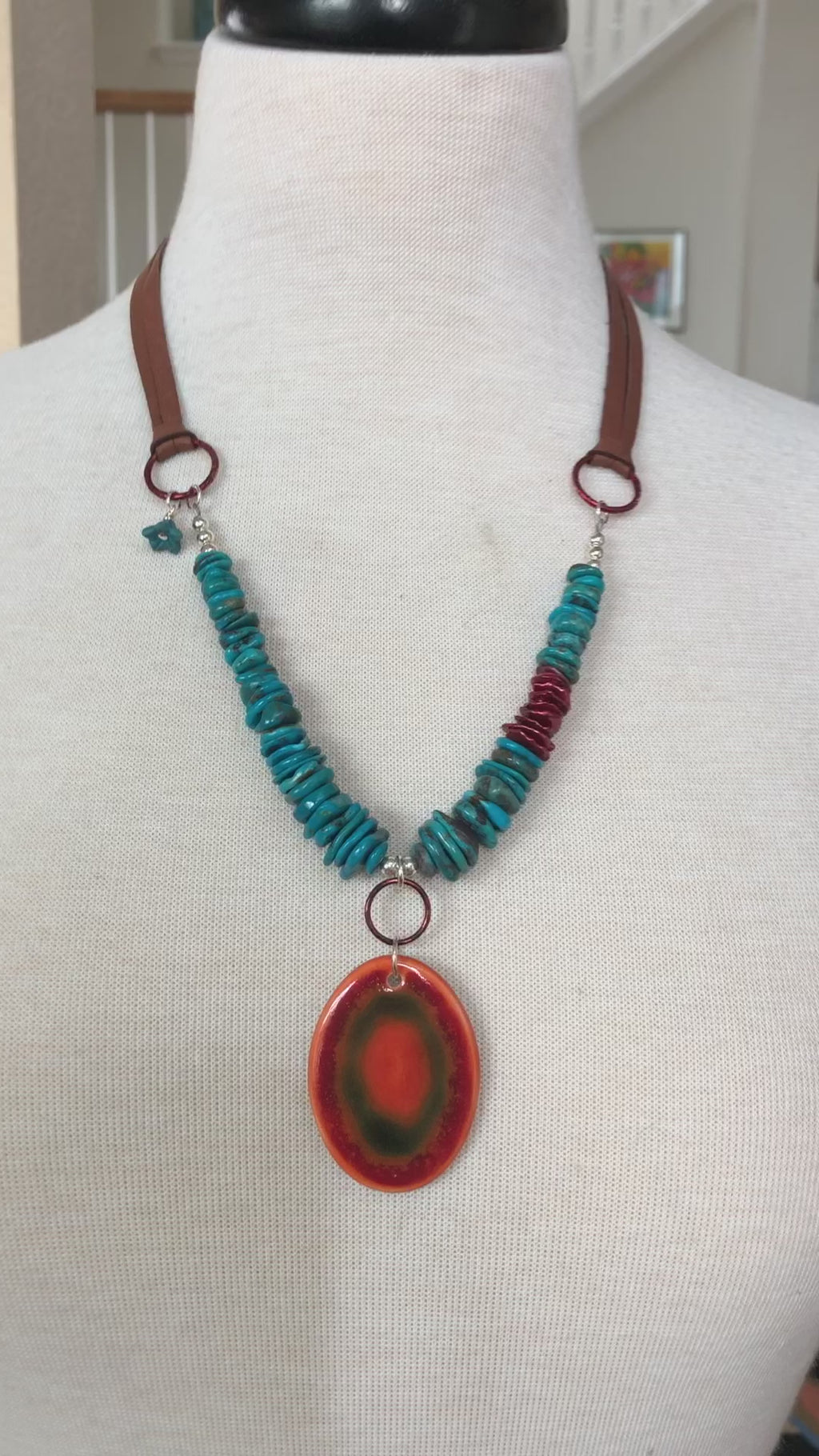 Orange Crush Sunrise Handmade Beaded Necklace with Artisan Ceramic Focal, Authentic Turquoise, Heishi Pearls, Sterling Silver, Leather Lace