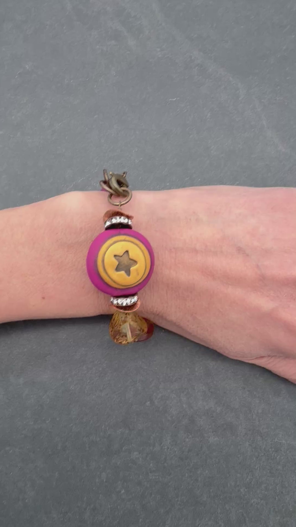 Handmade Beaded Bracelet - Wanderlust Star, Artisan Fuchsia Polymer Clay and Czech Glass