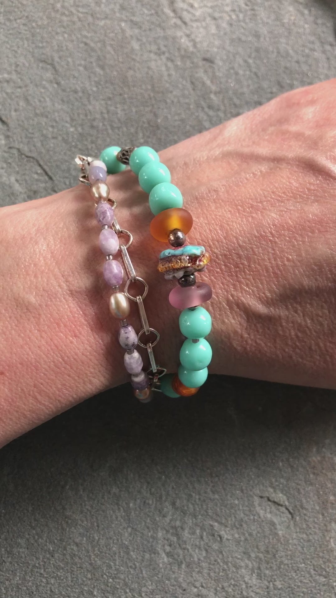Sonora Sunrise Handmade Beaded Triple Strand Bracelet, Artisan lampwork glass, amazonite, lepidolite, pearls, amethyst, sterling silver