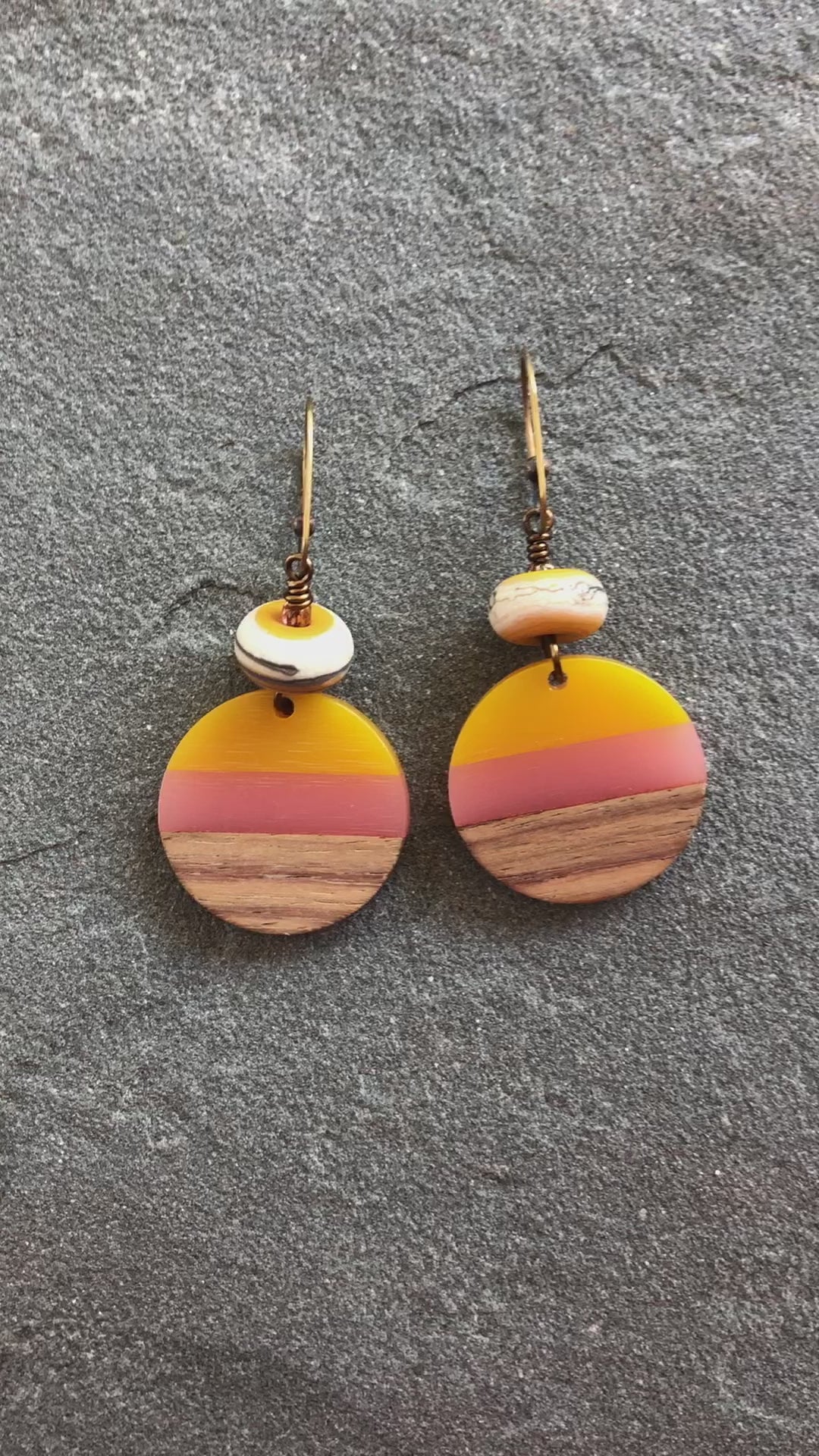 Sunny Skies Dangle Handmade Earrings, Artisan Lampwork Glass, Wood Resin Charms.