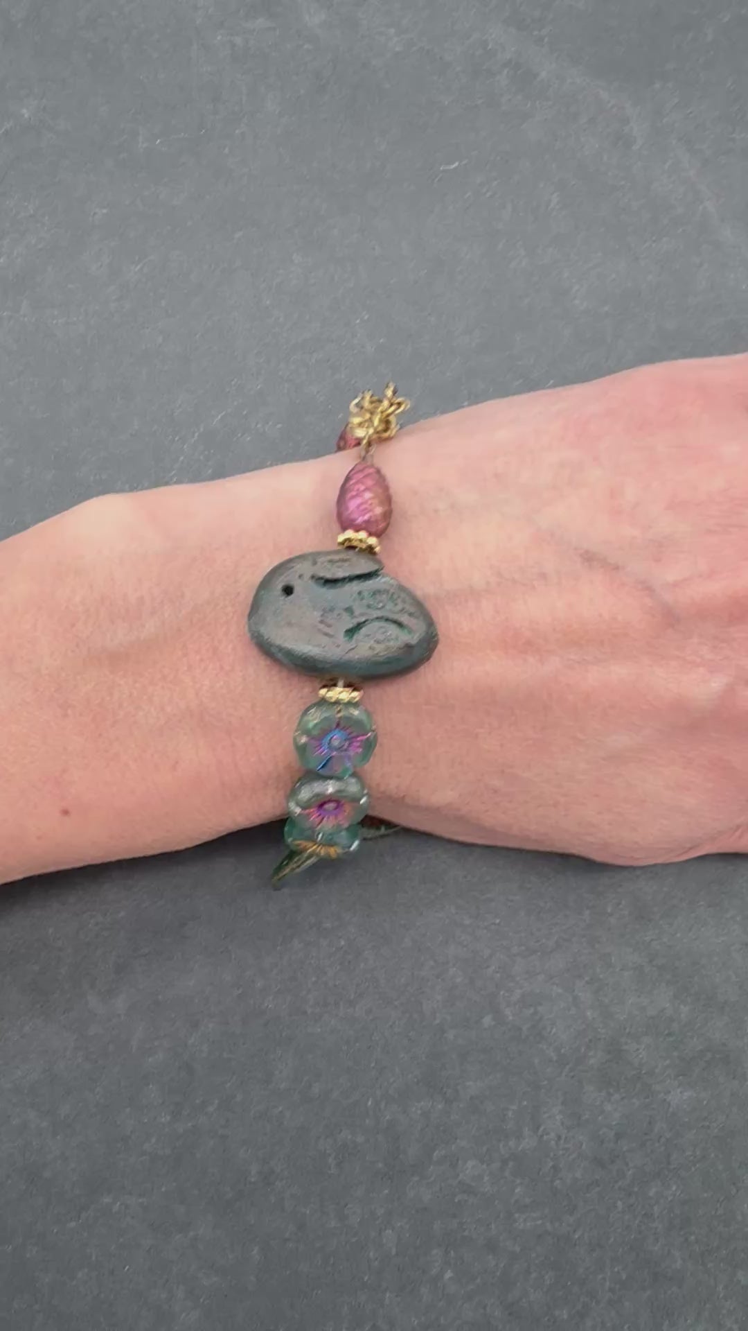 Handmade Beaded Bracelet - Blue Bunny, Artisan Rabbit Polymer Clay and Czech Glass