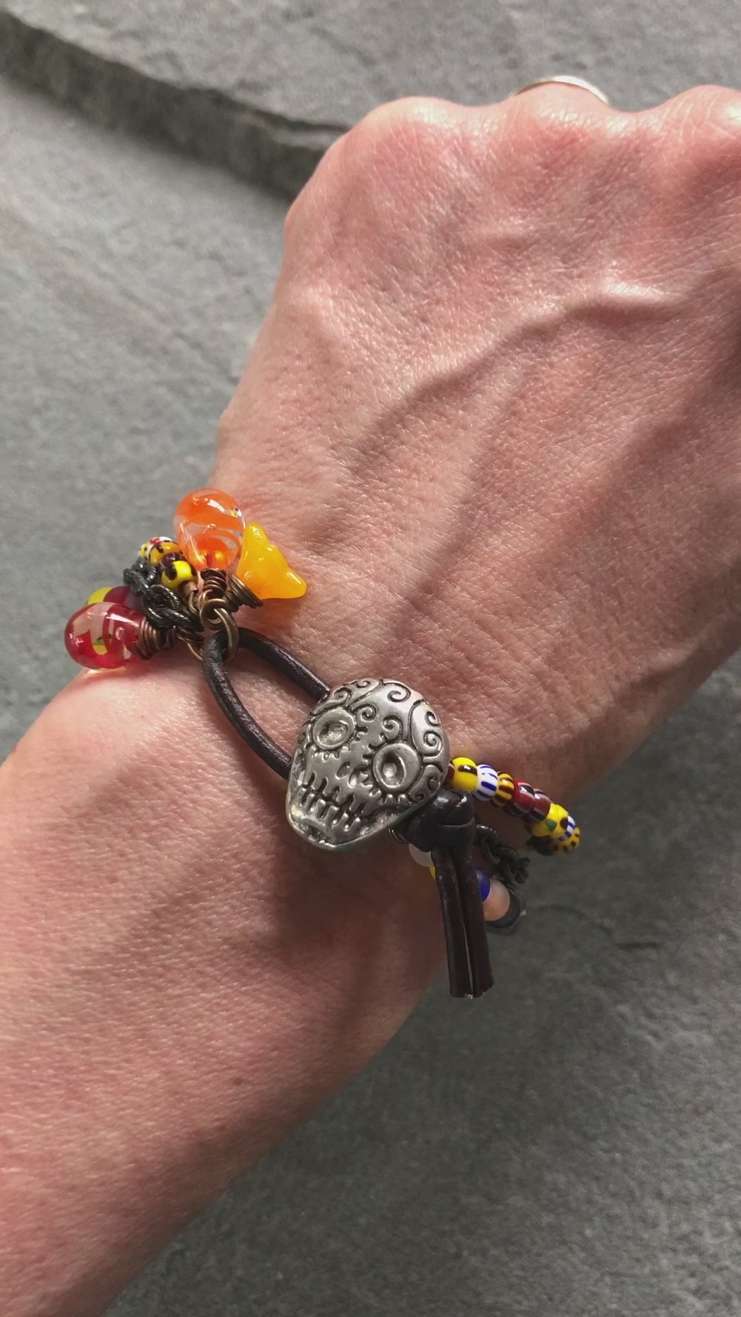 Azucar Dia de los Muertos Handmade Bracelet Artisan pewter Sugar Skull button, carved bone beads, Artisan lampwork glass