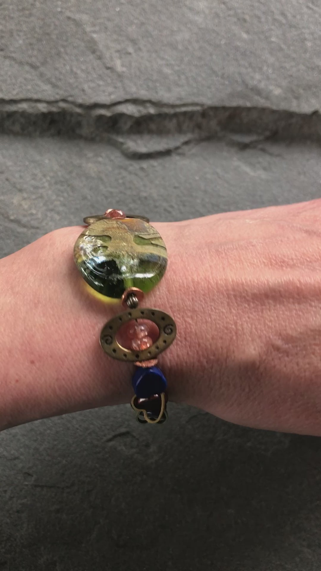 Denim Days Lapis Blue Handmade Beaded Bracelet with Sunstone and Artisan Olive Green Glass Focal