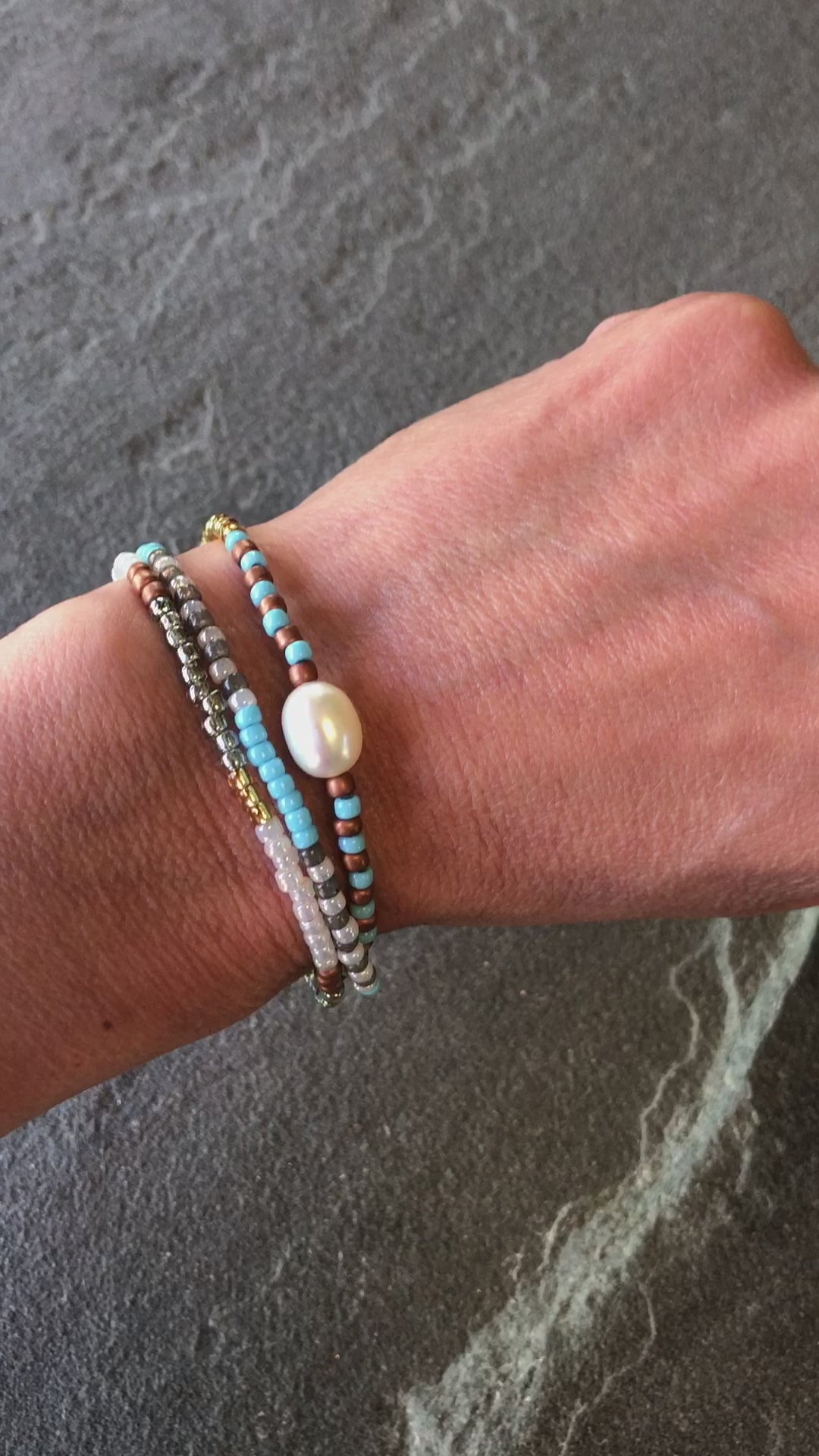 Perla Handmade Beaded Bracelet with Fresh Water Pearl, Toho Glass Seed Beads, Czech Glass, Antique Copper Finish Findings