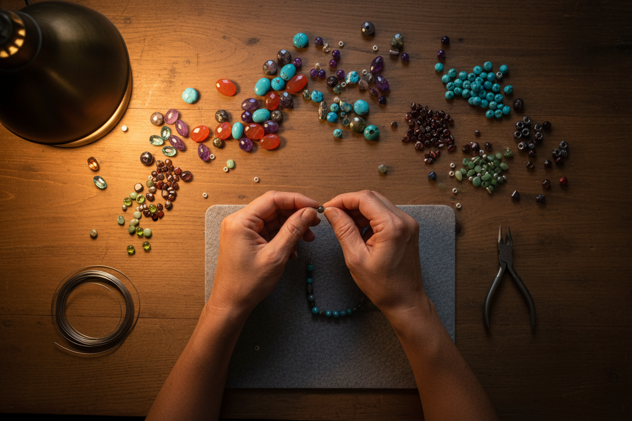Close up of hands creating a one of a kind design - wearable art by Ruby Acorn