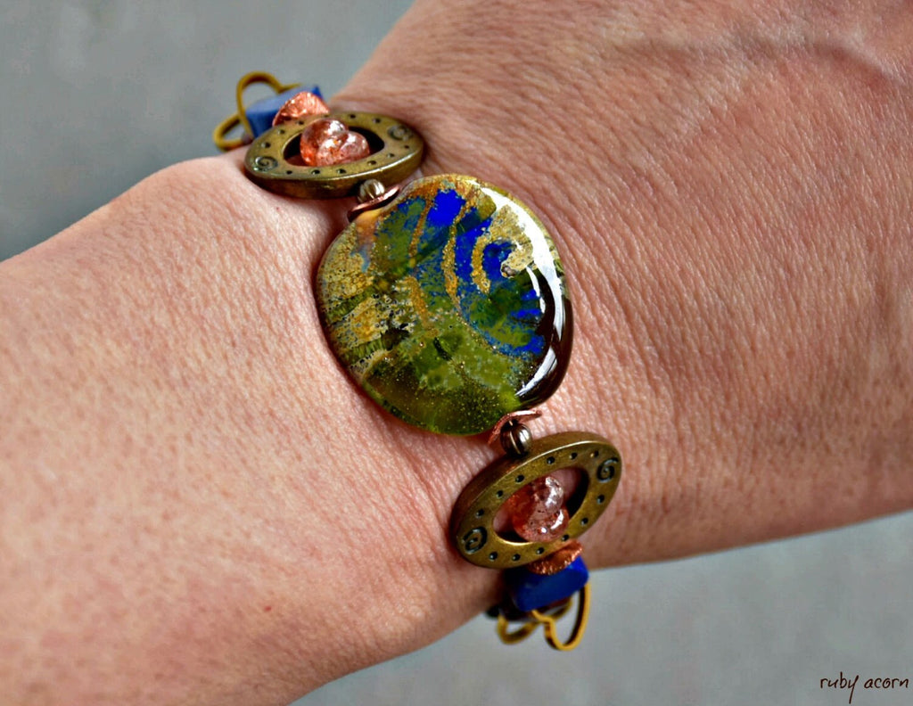 Denim Days Lapis Blue Handmade Beaded Bracelet with Sunstone and Artisan Olive Green Glass Focal