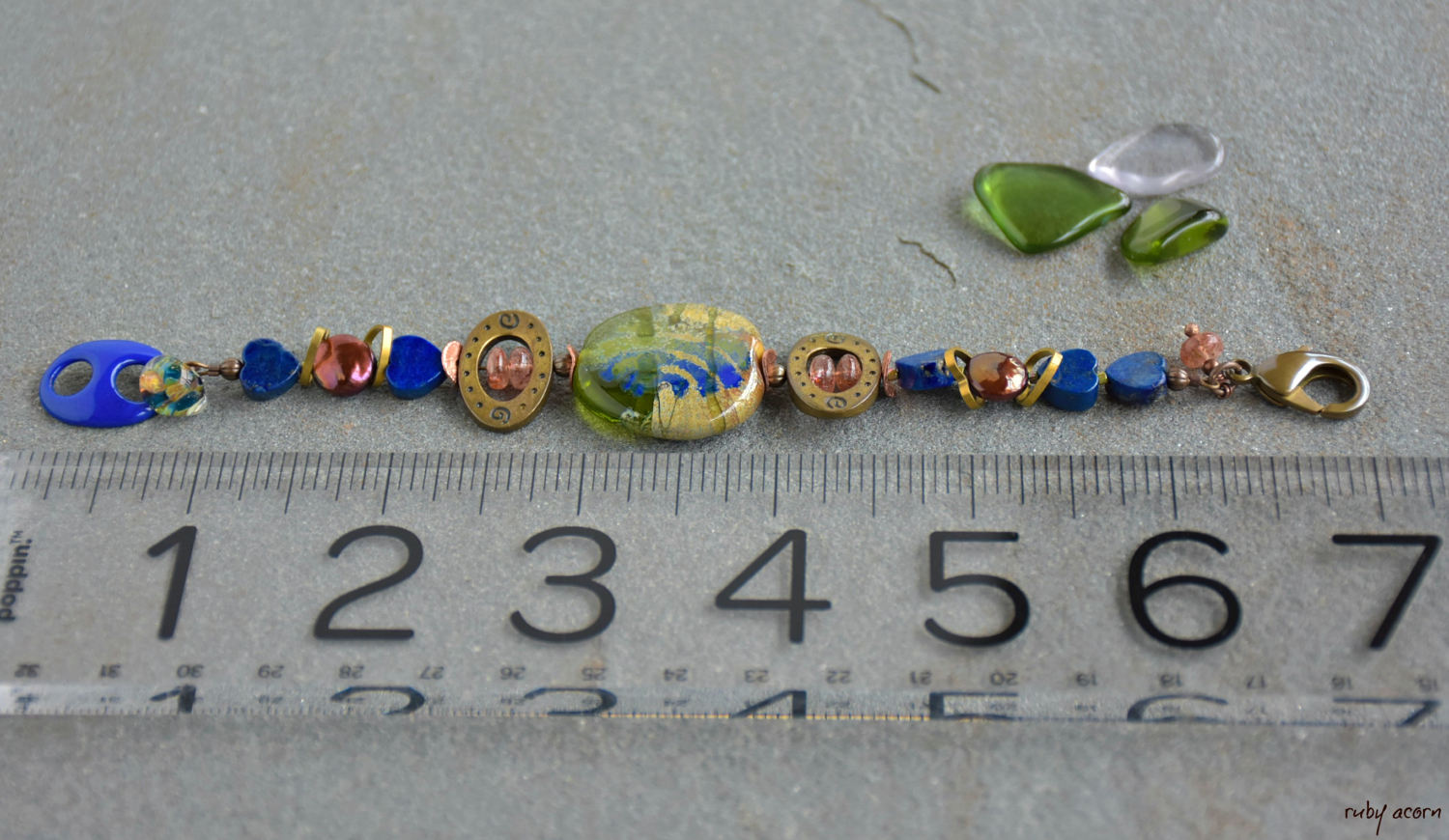 Denim Days Lapis Blue Handmade Beaded Bracelet with Sunstone and Artisan Olive Green Glass Focal