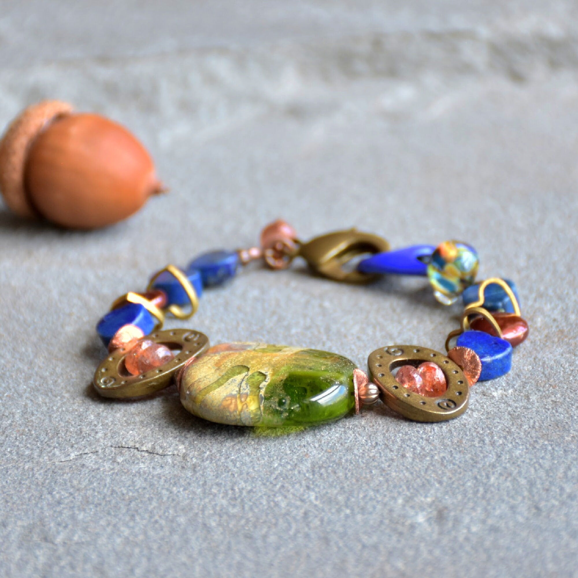 Denim Days Lapis Blue Handmade Beaded Bracelet with Sunstone and Artisan Olive Green Glass Focal