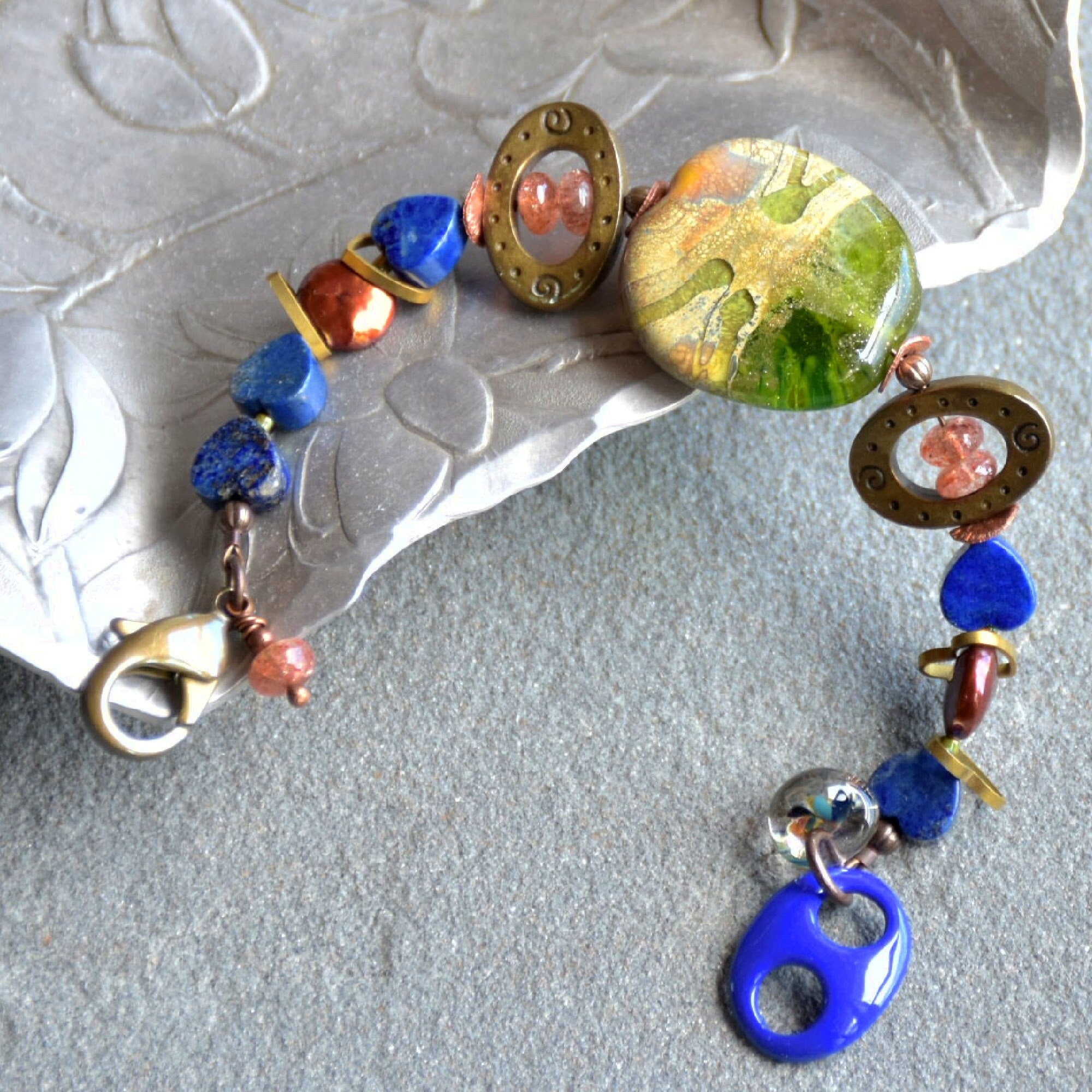 Denim Days Lapis Blue Handmade Beaded Bracelet with Sunstone and Artisan Olive Green Glass Focal