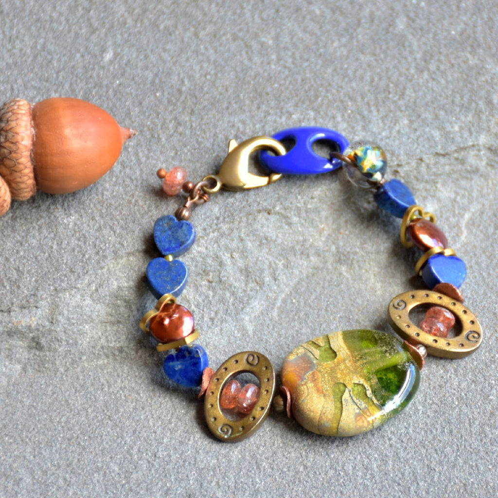 Denim Days Lapis Blue Handmade Beaded Bracelet with Sunstone and Artisan Olive Green Glass Focal