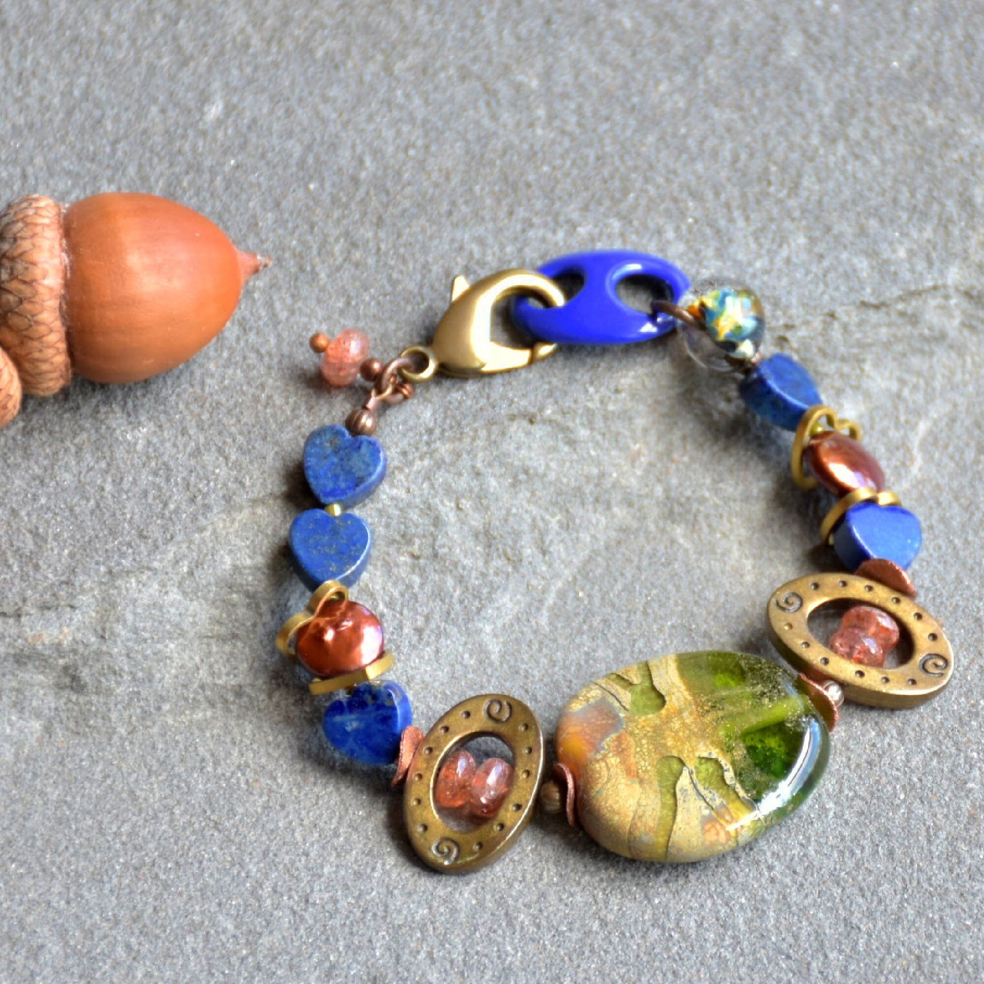 Denim Days Lapis Blue Handmade Beaded Bracelet with Sunstone and Artisan Olive Green Glass Focal