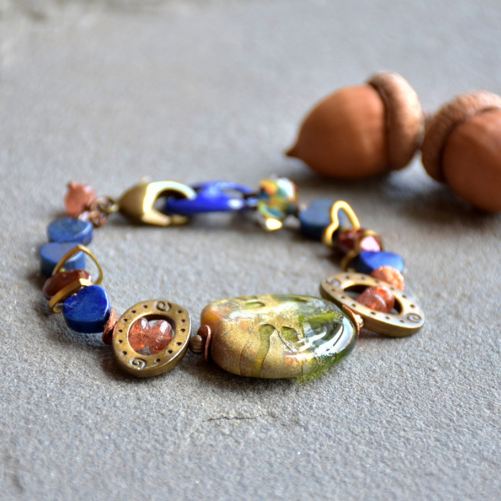 Denim Days Lapis Blue Handmade Beaded Bracelet with Sunstone and Artisan Olive Green Glass Focal