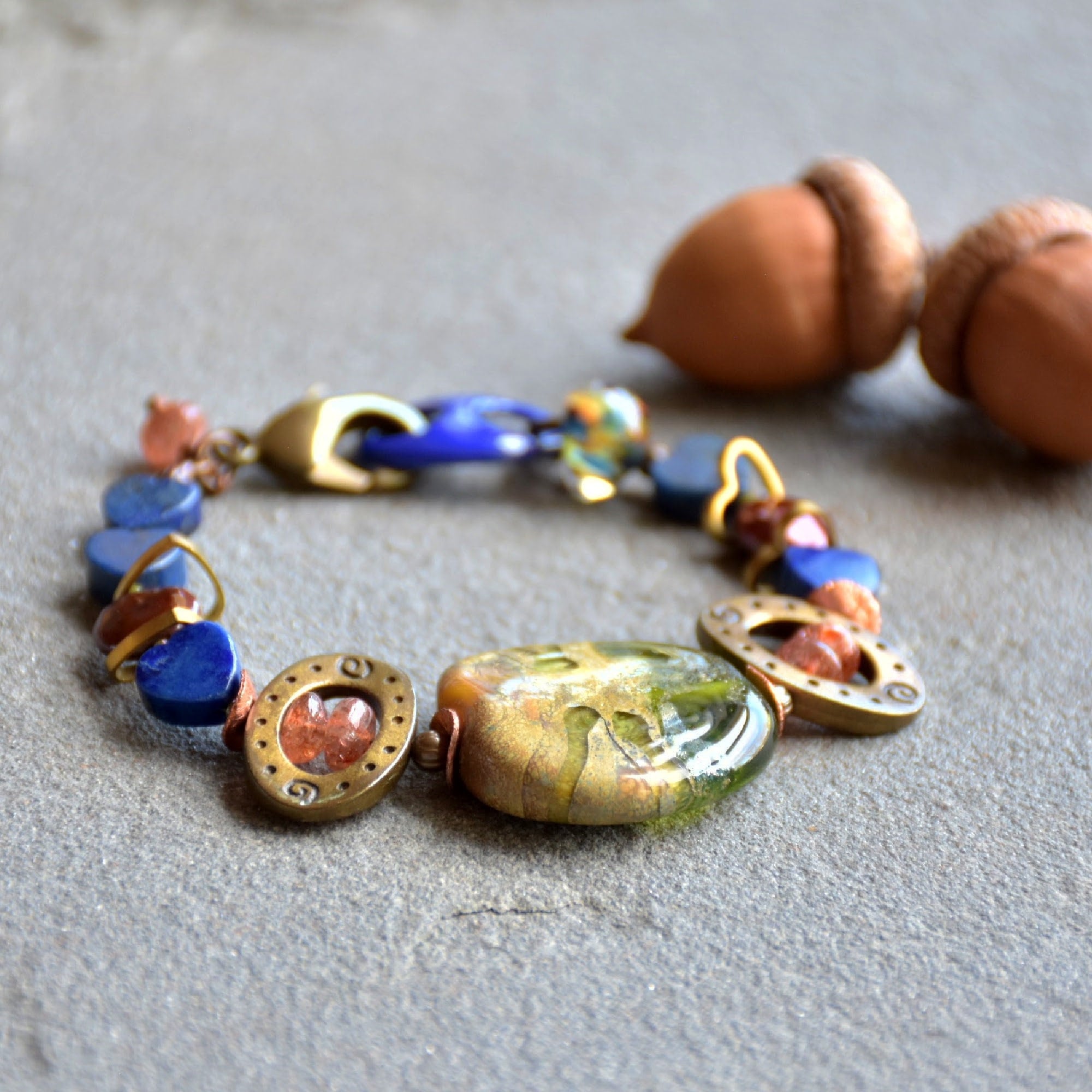 Denim Days Lapis Blue Handmade Beaded Bracelet with Sunstone and Artisan Olive Green Glass Focal