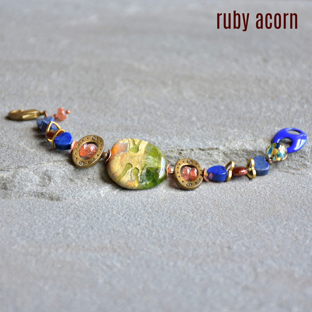 Denim Days Lapis Blue Handmade Beaded Bracelet with Sunstone and Artisan Olive Green Glass Focal