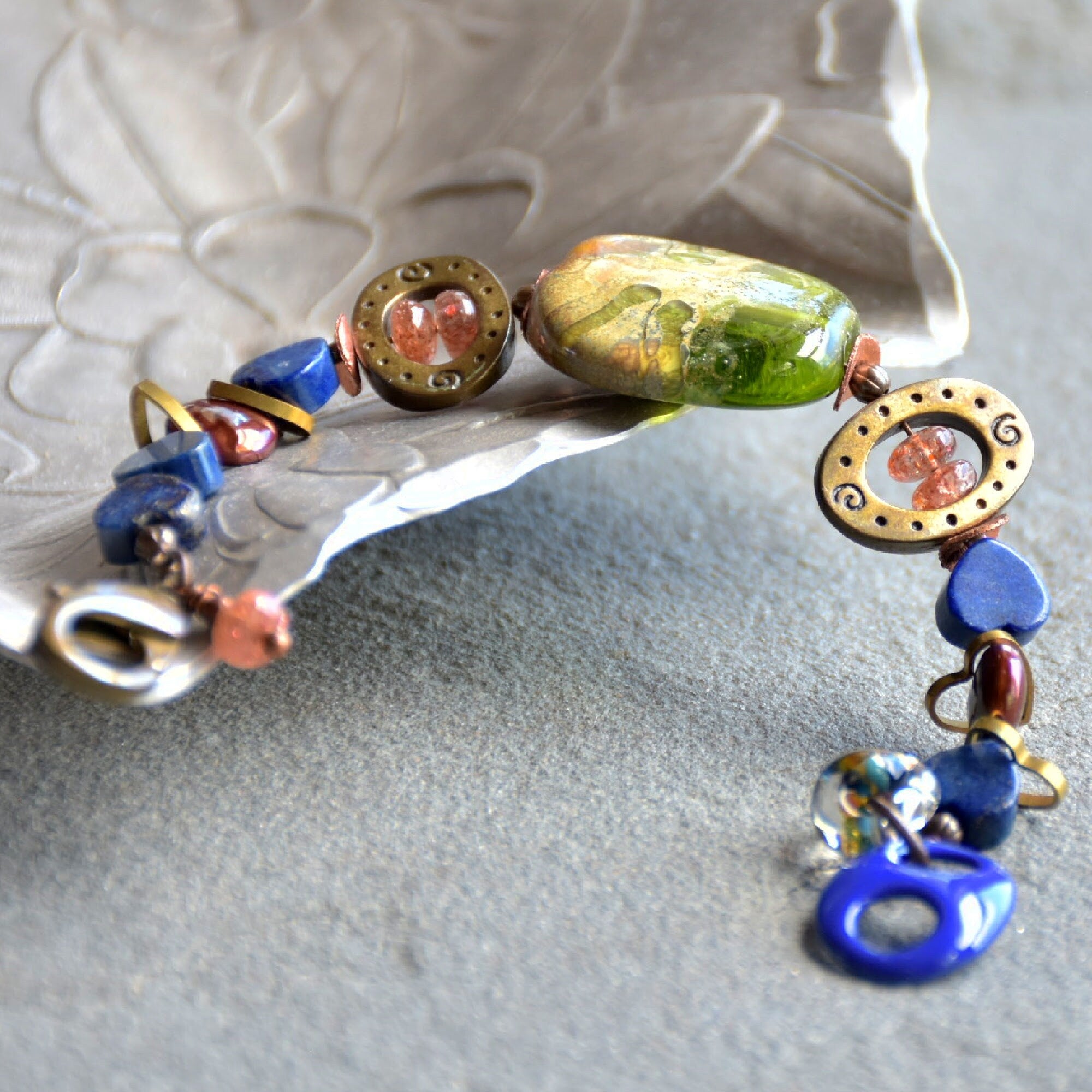 Denim Days Lapis Blue Handmade Beaded Bracelet with Sunstone and Artisan Olive Green Glass Focal