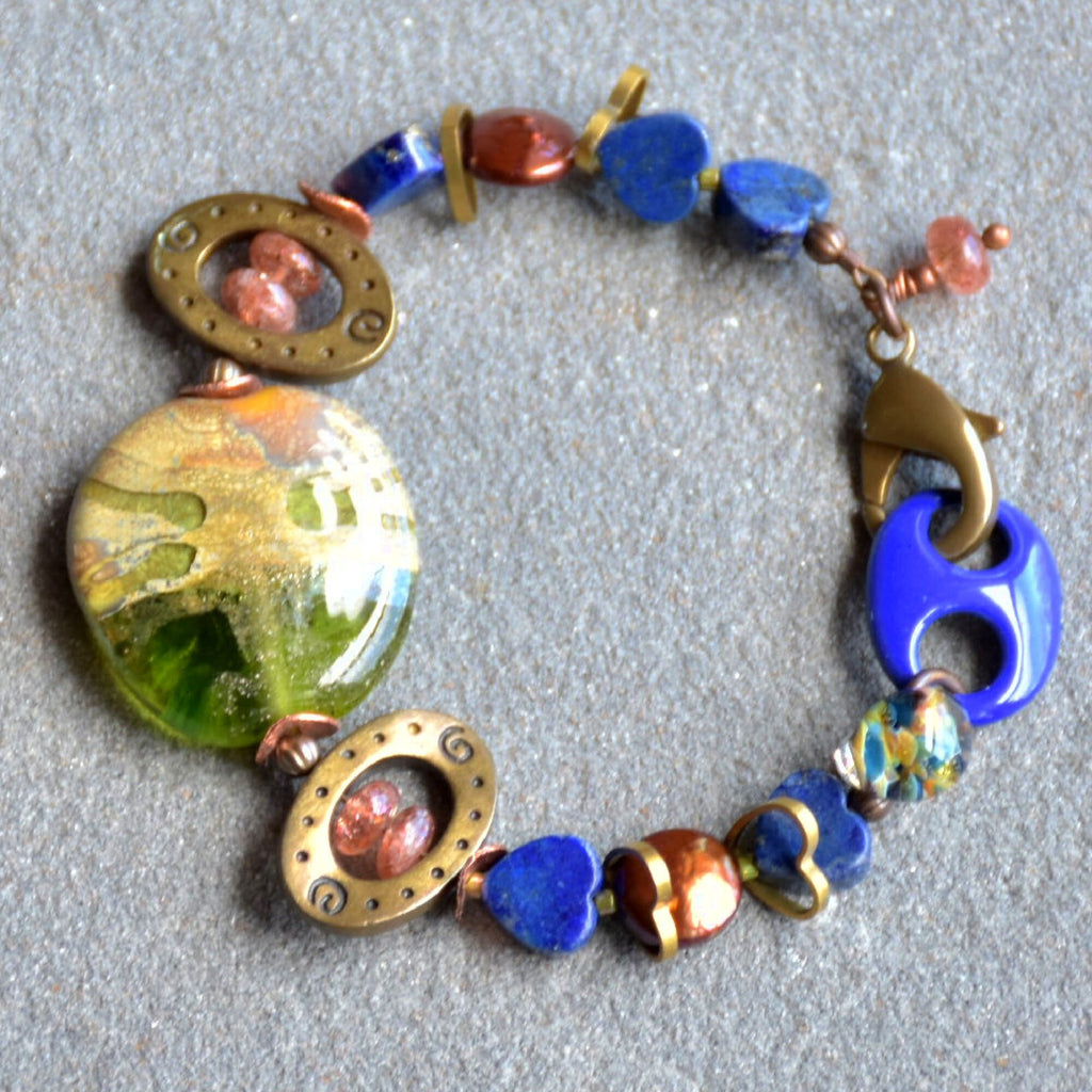 Denim Days Lapis Blue Handmade Beaded Bracelet with Sunstone and Artisan Olive Green Glass Focal