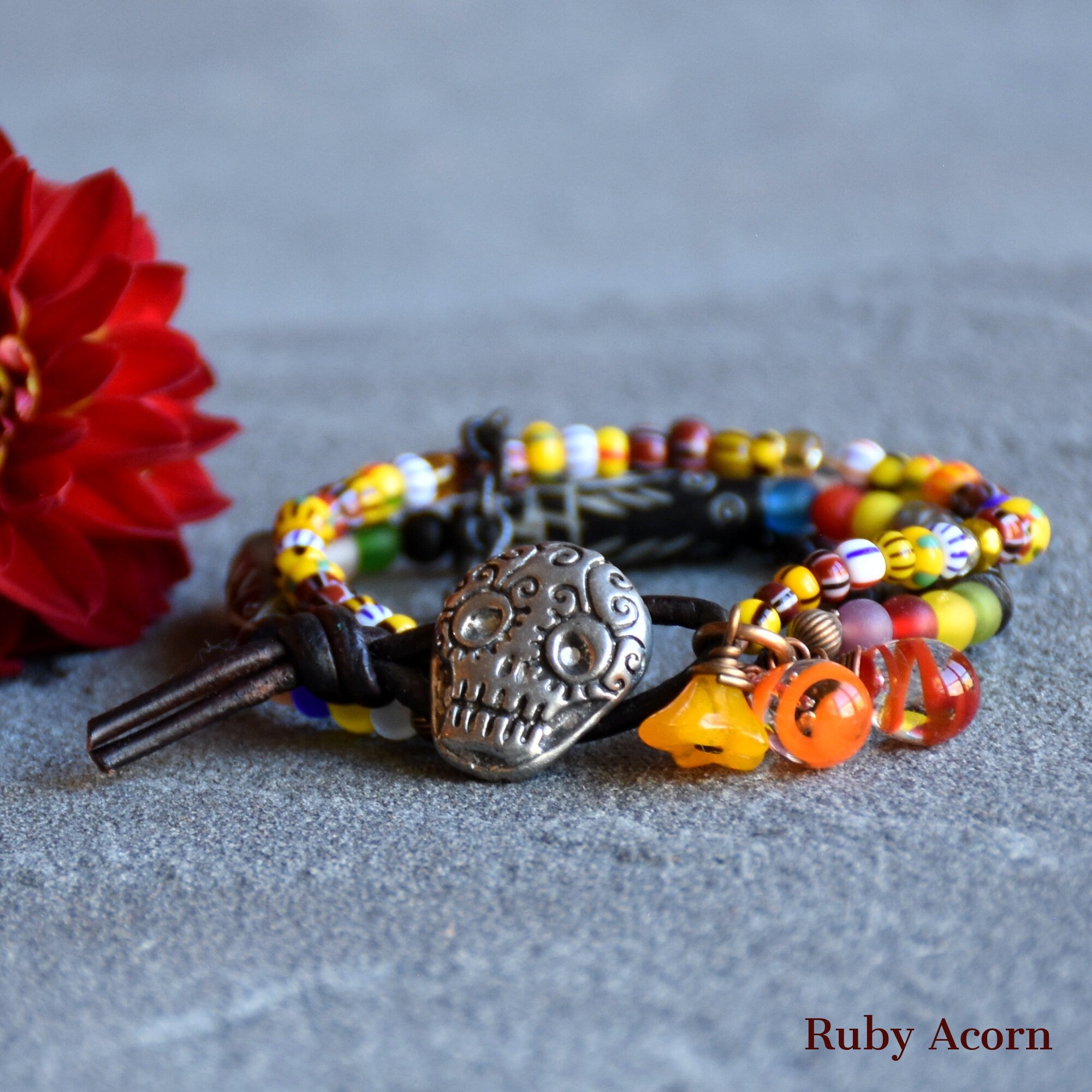 Azucar Dia de los Muertos Handmade Bracelet Artisan pewter Sugar Skull button, carved bone beads, Artisan lampwork glass