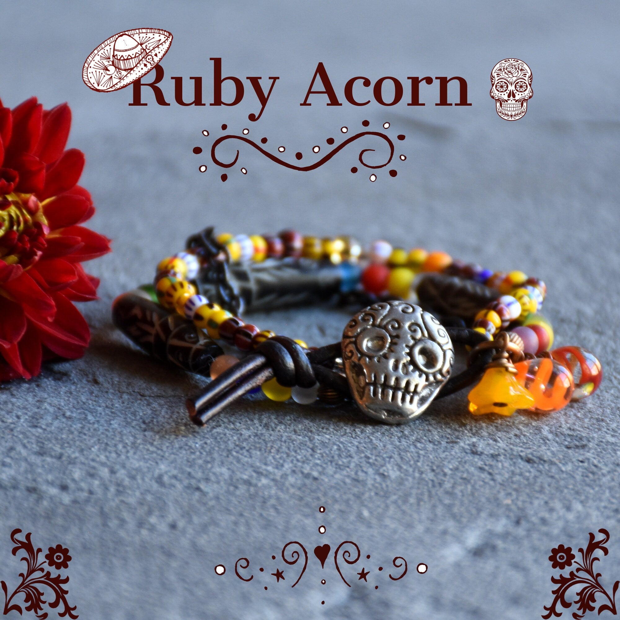 Azucar Dia de los Muertos Handmade Bracelet Artisan pewter Sugar Skull button, carved bone beads, Artisan lampwork glass