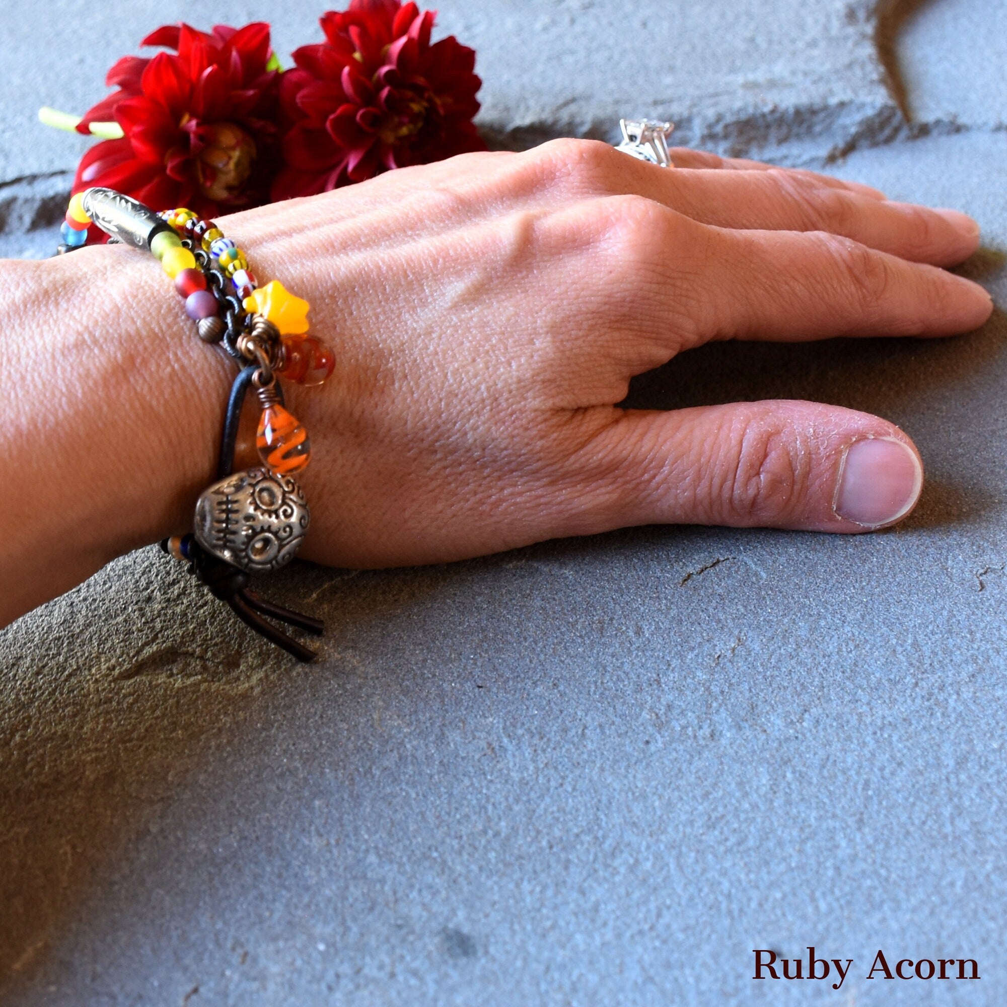 Azucar Dia de los Muertos Handmade Bracelet Artisan pewter Sugar Skull button, carved bone beads, Artisan lampwork glass