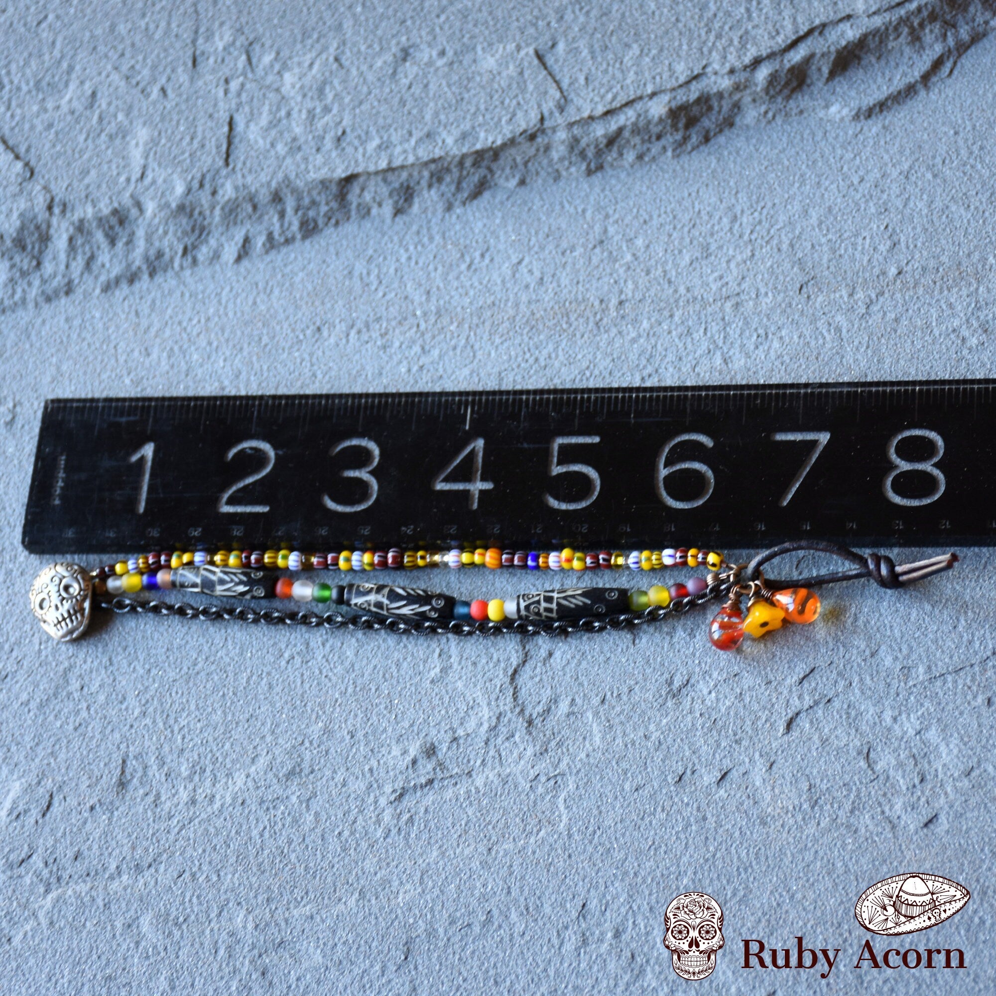 Azucar Dia de los Muertos Handmade Bracelet Artisan pewter Sugar Skull button, carved bone beads, Artisan lampwork glass