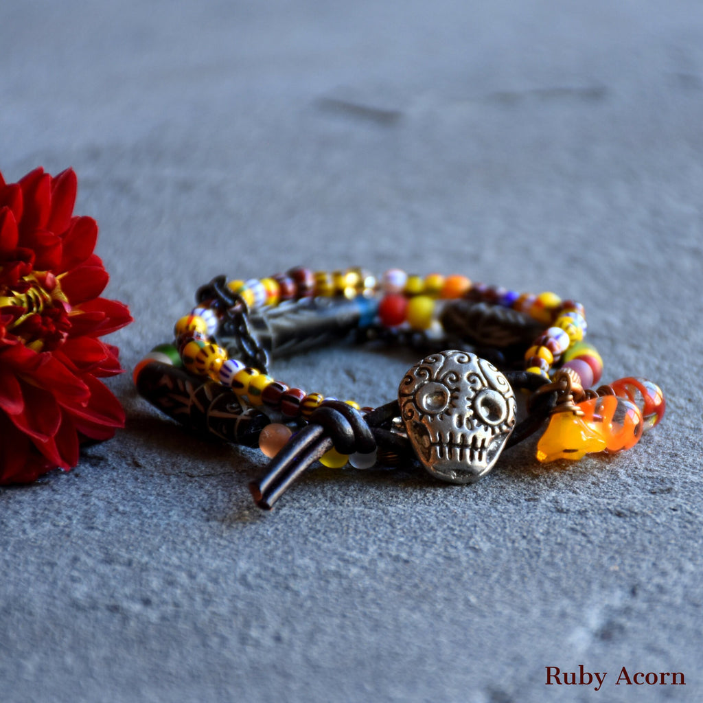 Azucar Dia de los Muertos Handmade Bracelet Artisan pewter Sugar Skull button, carved bone beads, Artisan lampwork glass