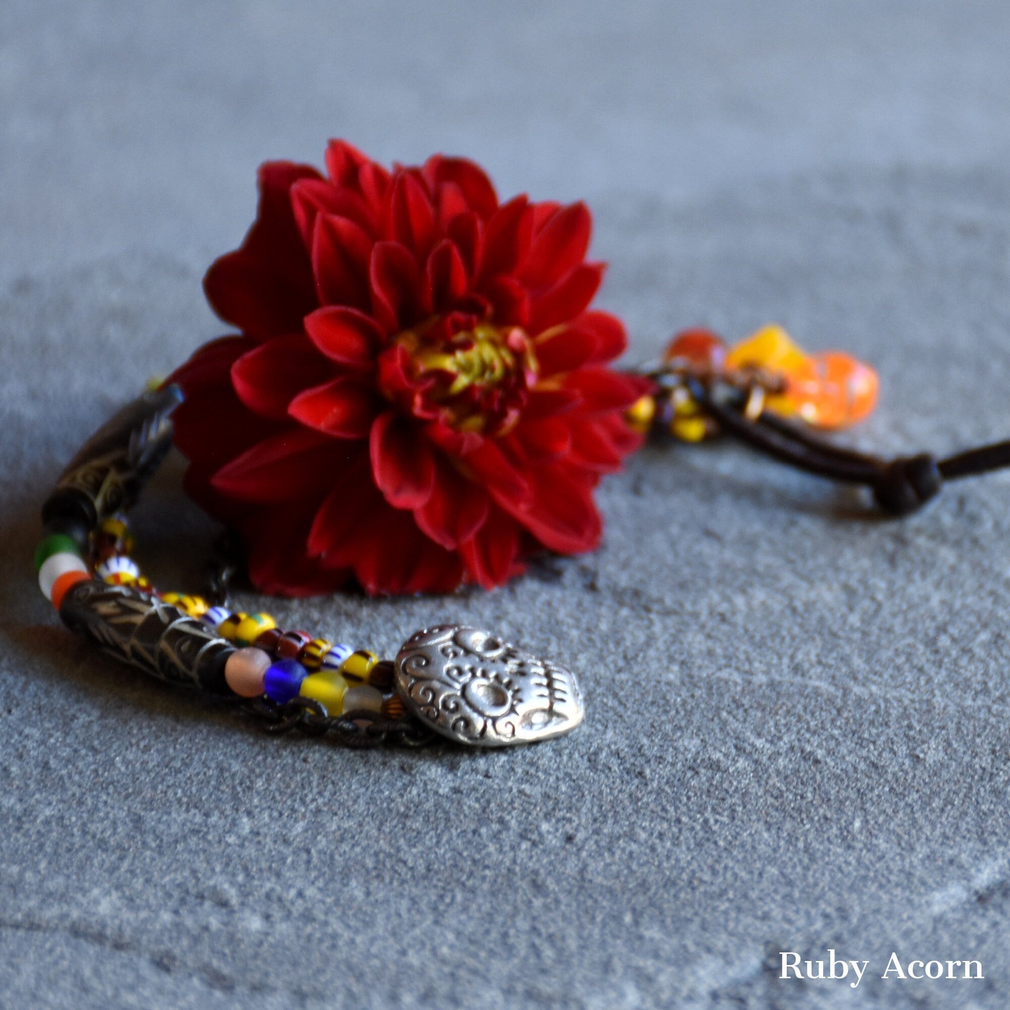 Azucar Dia de los Muertos Handmade Bracelet Artisan pewter Sugar Skull button, carved bone beads, Artisan lampwork glass