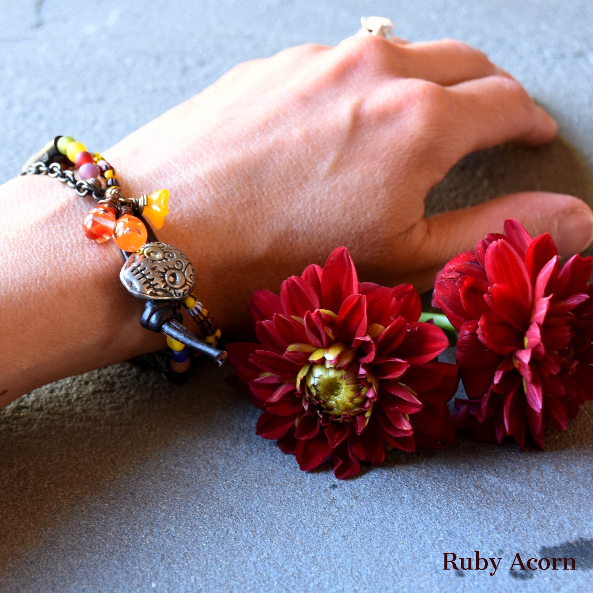 Azucar Dia de los Muertos Handmade Bracelet Artisan pewter Sugar Skull button, carved bone beads, Artisan lampwork glass