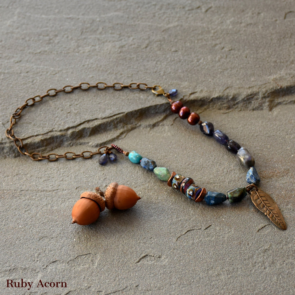 Beautiful Blues Handmade Beaded Necklace with Iolite, Cuprite, Artisan Glass, Pearls. Asymmetrical