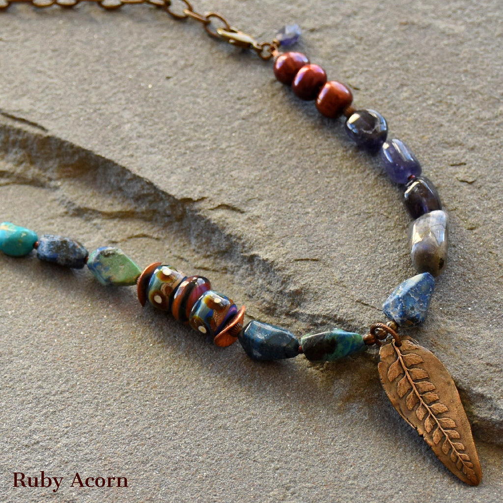 Beautiful Blues Handmade Beaded Necklace with Iolite, Cuprite, Artisan Glass, Pearls. Asymmetrical