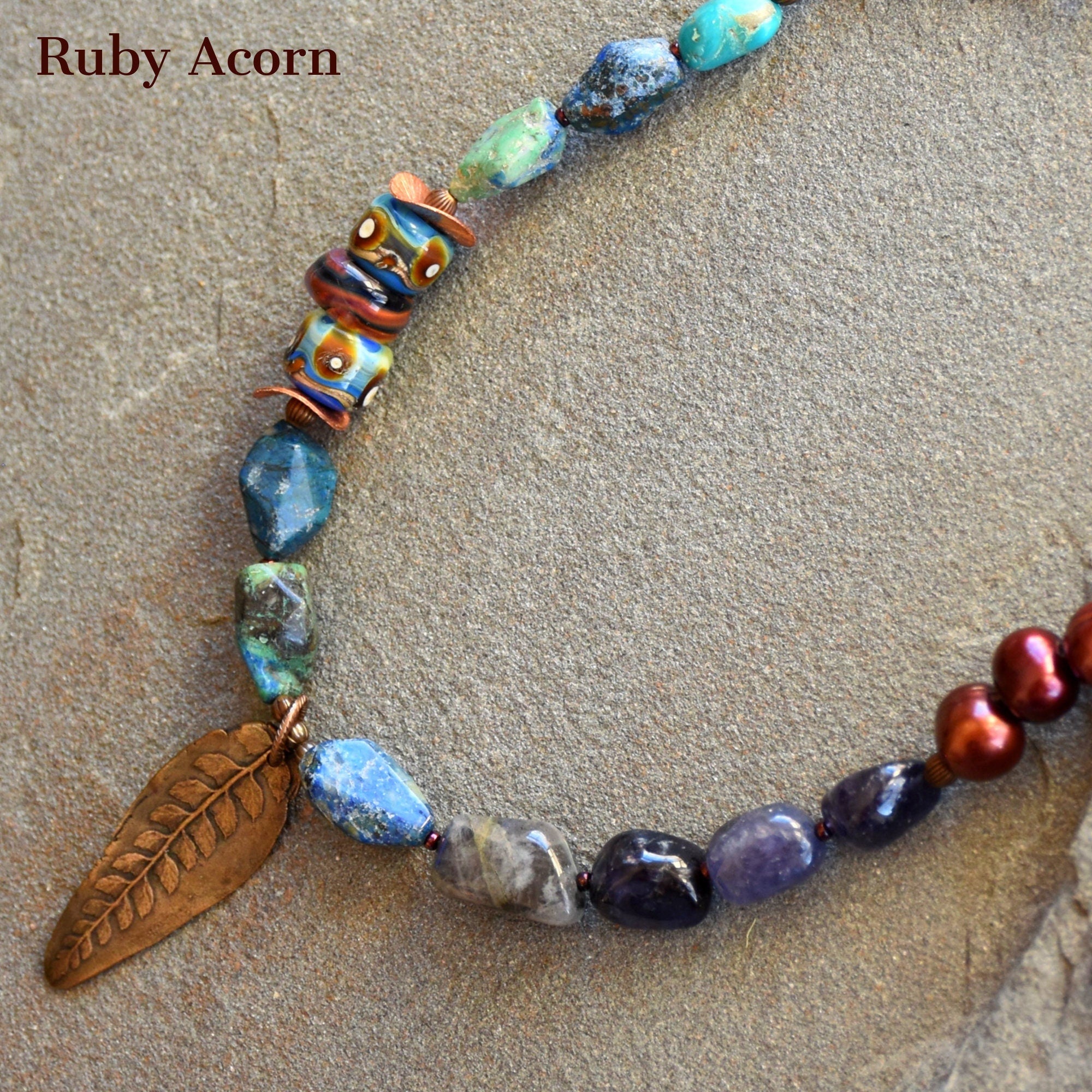 Beautiful Blues Handmade Beaded Necklace with Iolite, Cuprite, Artisan Glass, Pearls. Asymmetrical