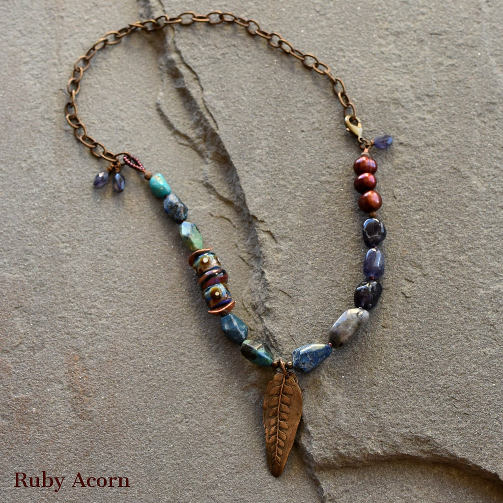 Beautiful Blues Handmade Beaded Necklace with Iolite, Cuprite, Artisan Glass, Pearls. Asymmetrical