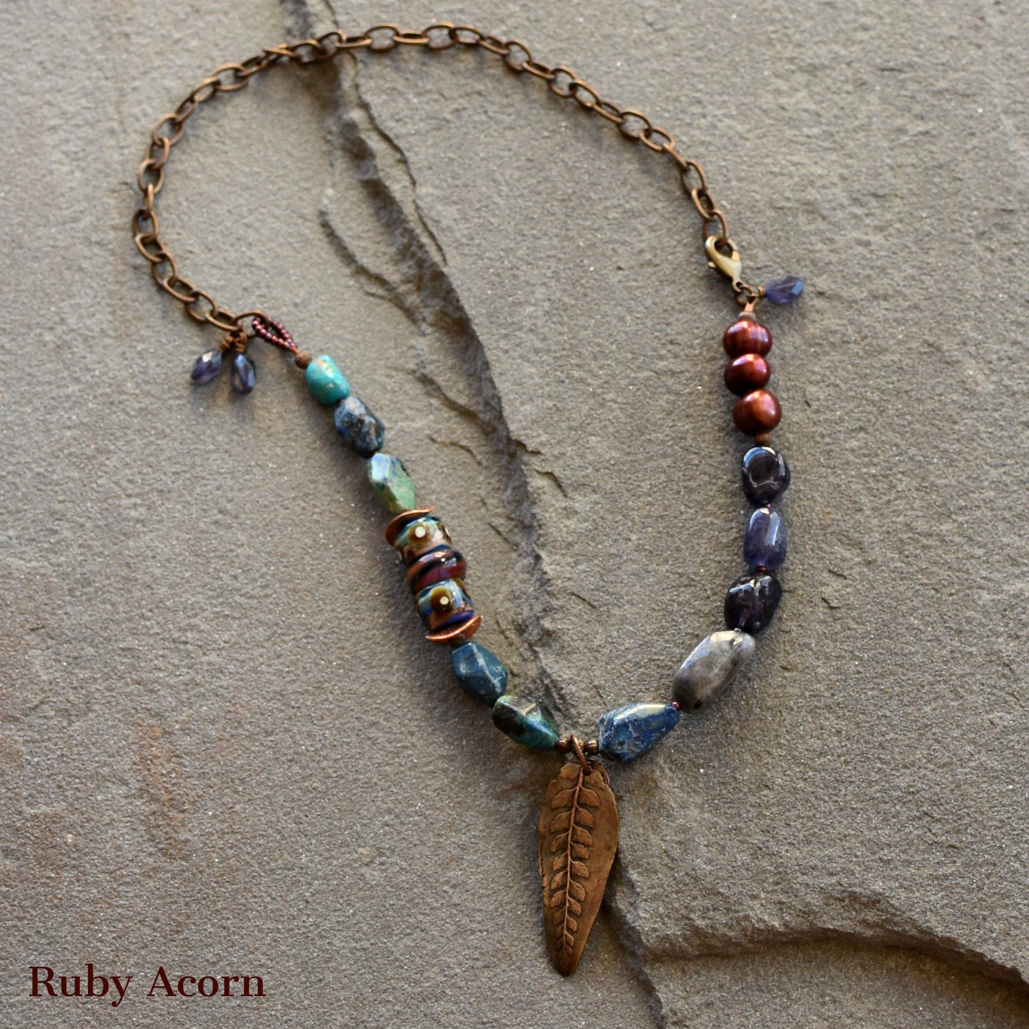 Beautiful Blues Handmade Beaded Necklace with Iolite, Cuprite, Artisan Glass, Pearls. Asymmetrical