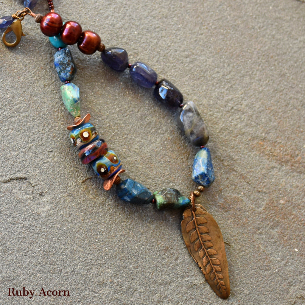 Beautiful Blues Handmade Beaded Necklace with Iolite, Cuprite, Artisan Glass, Pearls. Asymmetrical