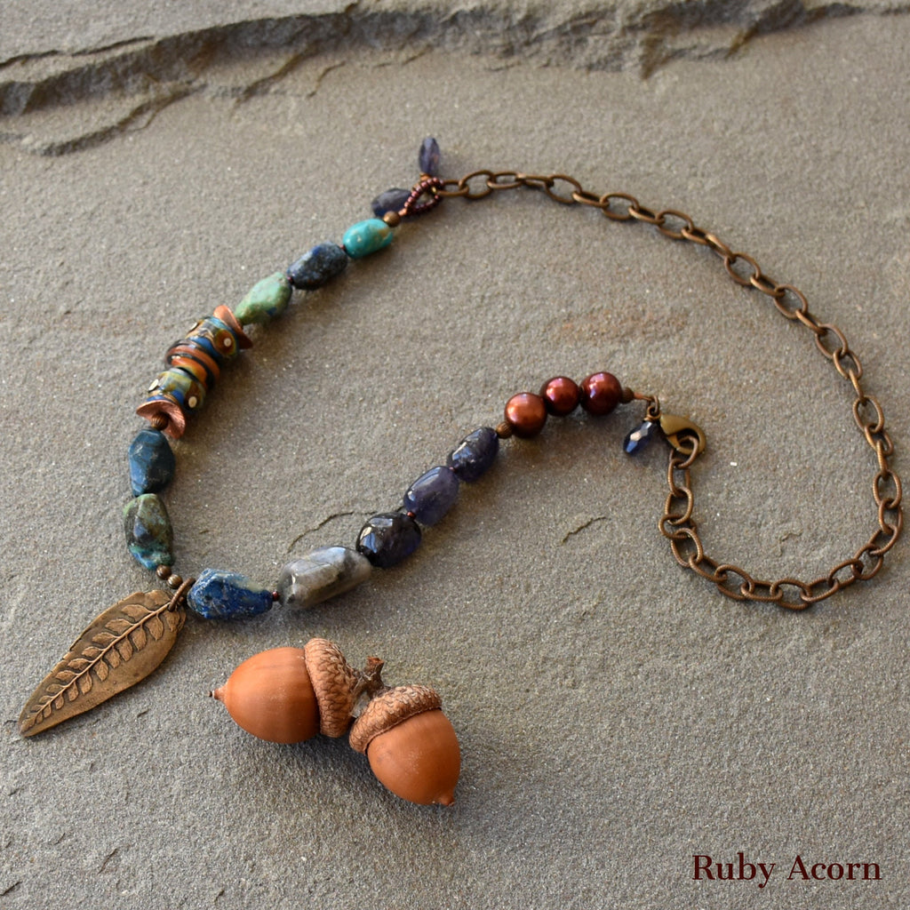 Beautiful Blues Handmade Beaded Necklace with Iolite, Cuprite, Artisan Glass, Pearls. Asymmetrical