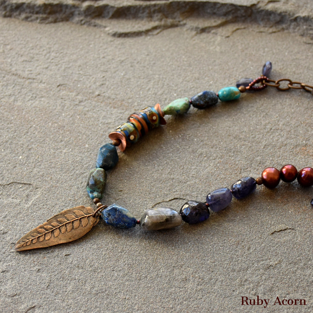 Beautiful Blues Handmade Beaded Necklace with Iolite, Cuprite, Artisan Glass, Pearls. Asymmetrical