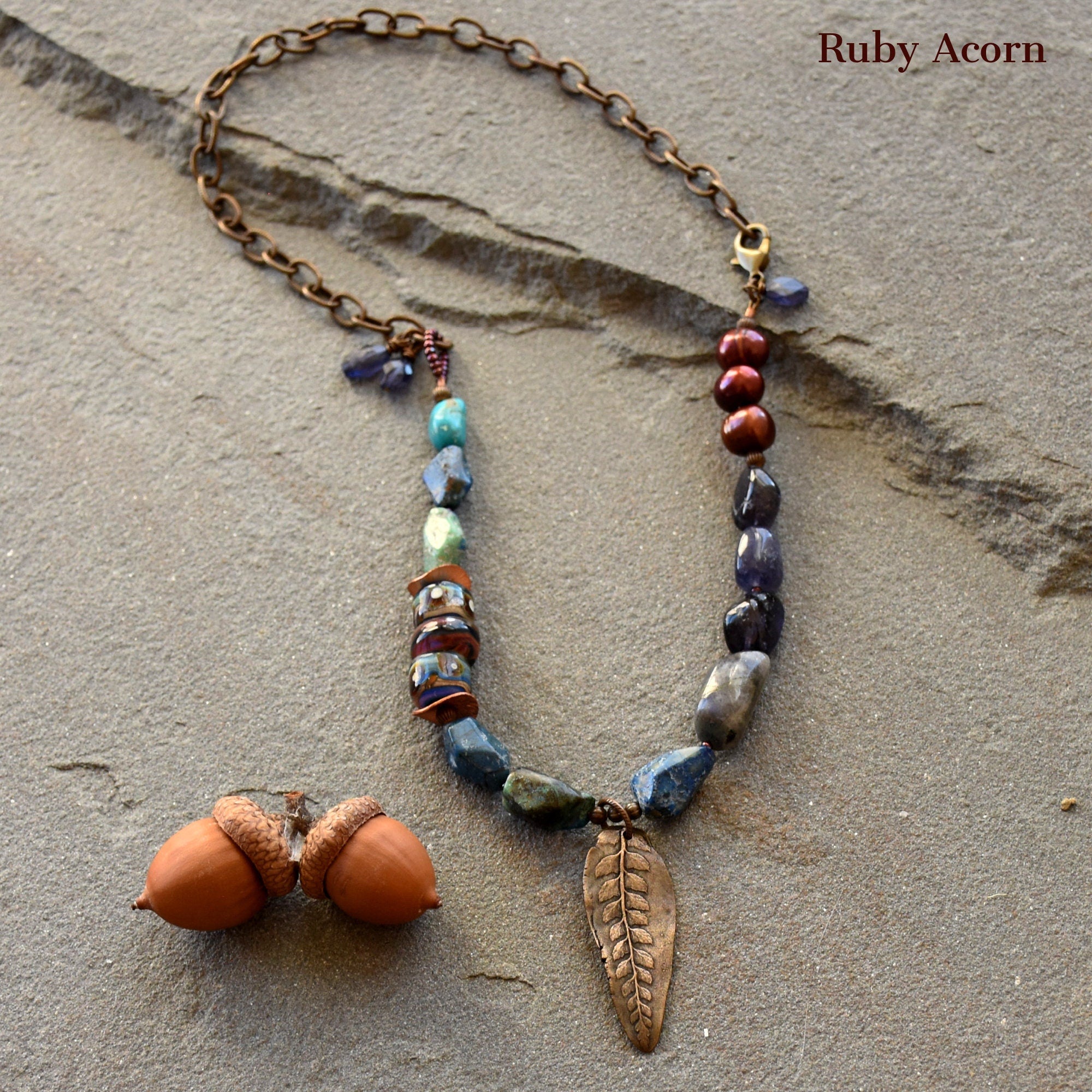 Beautiful Blues Handmade Beaded Necklace with Iolite, Cuprite, Artisan Glass, Pearls. Asymmetrical