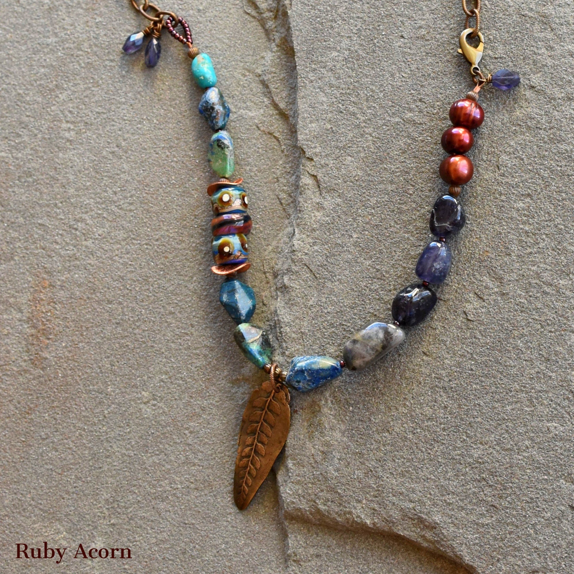 Beautiful Blues Handmade Beaded Necklace with Iolite, Cuprite, Artisan Glass, Pearls. Asymmetrical