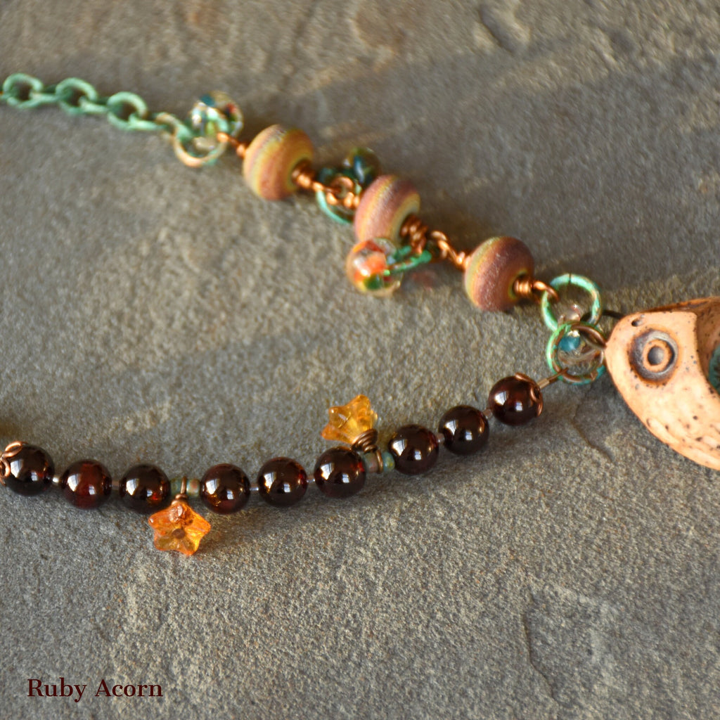 Wise Owl Handmade Beaded Necklace with Artisan Ceramic Owl, Red Garnet, Artisan Lampwork Glass, Turquoise Patina Chain