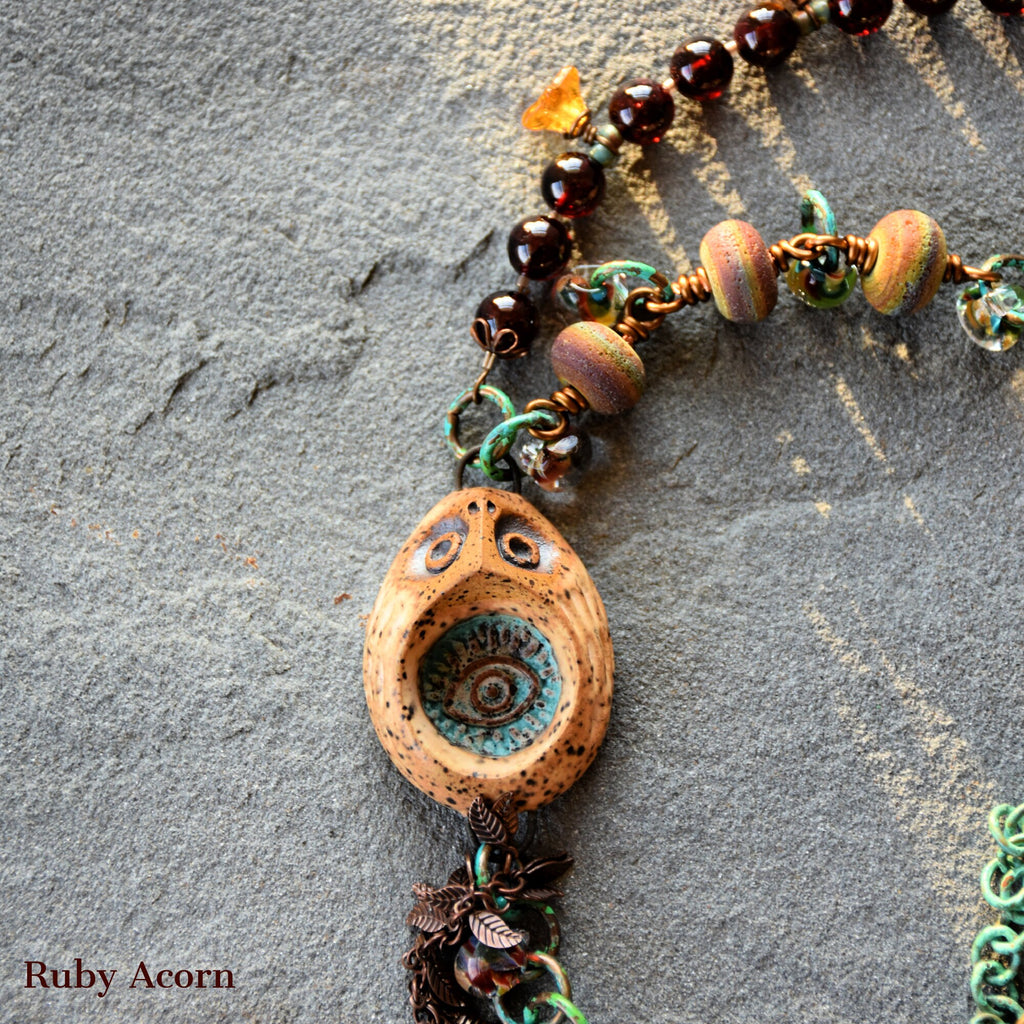 Wise Owl Handmade Beaded Necklace with Artisan Ceramic Owl, Red Garnet, Artisan Lampwork Glass, Turquoise Patina Chain