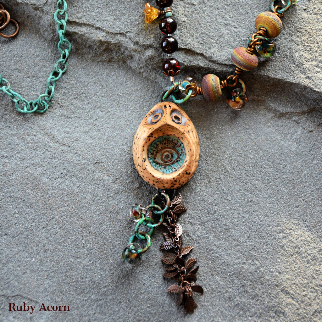 Wise Owl Handmade Beaded Necklace with Artisan Ceramic Owl, Red Garnet, Artisan Lampwork Glass, Turquoise Patina Chain
