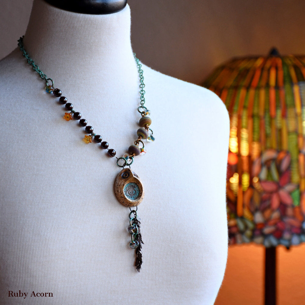 Wise Owl Handmade Beaded Necklace with Artisan Ceramic Owl, Red Garnet, Artisan Lampwork Glass, Turquoise Patina Chain