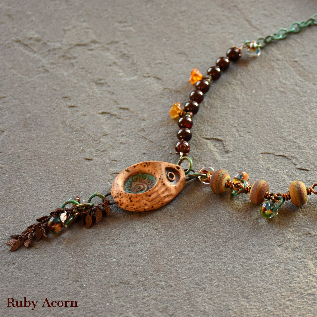 Wise Owl Handmade Beaded Necklace with Artisan Ceramic Owl, Red Garnet, Artisan Lampwork Glass, Turquoise Patina Chain