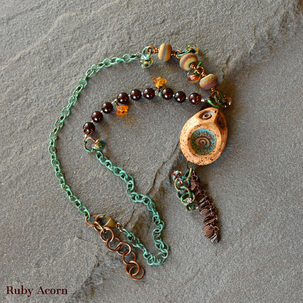 Wise Owl Handmade Beaded Necklace with Artisan Ceramic Owl, Red Garnet, Artisan Lampwork Glass, Turquoise Patina Chain