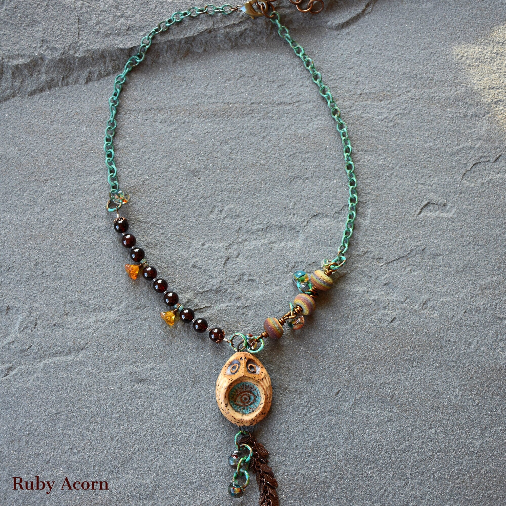 Wise Owl Handmade Beaded Necklace with Artisan Ceramic Owl, Red Garnet, Artisan Lampwork Glass, Turquoise Patina Chain