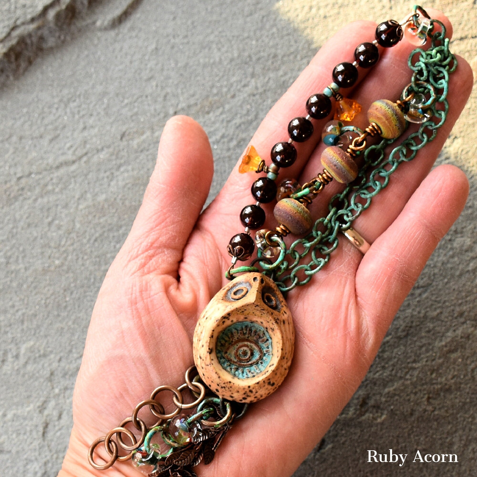 Wise Owl Handmade Beaded Necklace with Artisan Ceramic Owl, Red Garnet, Artisan Lampwork Glass, Turquoise Patina Chain